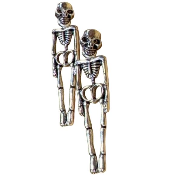 Silver Dangling Skeleton Earrings Skulls Bones Gothic Skeletons Goth Skull Studs - Picture 1 of 12